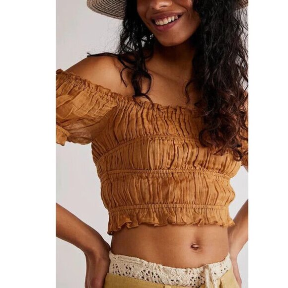 Free People Fp One Cheri Top Smocked Cropped Golden Nugget S - Picture 2 of 6